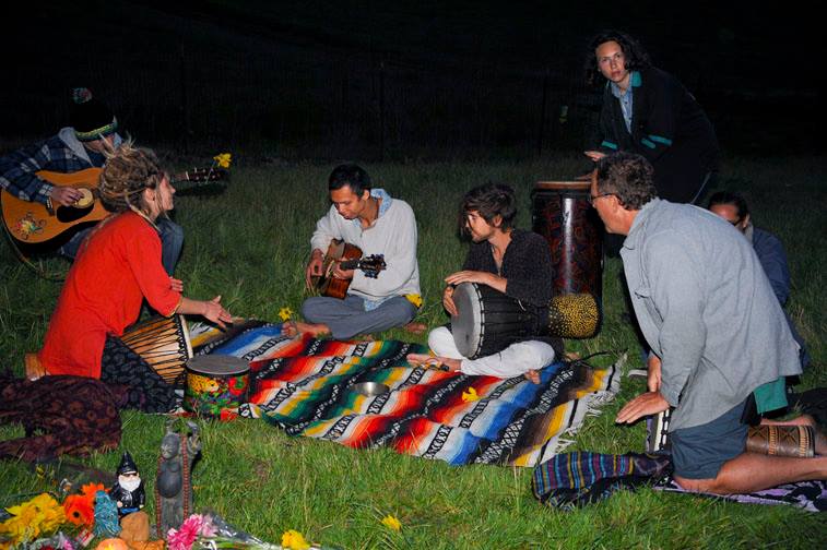 Playing hand drums with Amakua